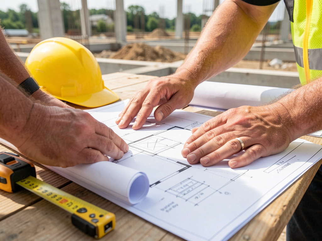 Hände studieren Baupläne bei der Planung und Beratung
